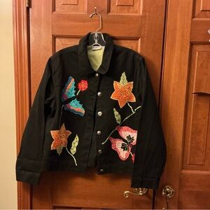 White Stag Black Jacket with Colorful Floral Embroidery